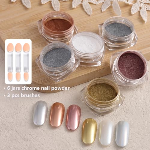 FSpronail Chrome Nail Powder Set 6-Color Metallic Mirror Glitter Pigment Kit with Brushes