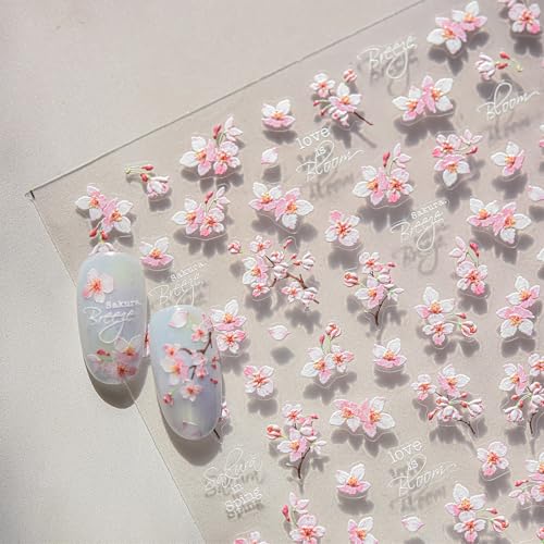 5D Embossed Cherry Blossom Nail Art Stickers Pink Floral Decals