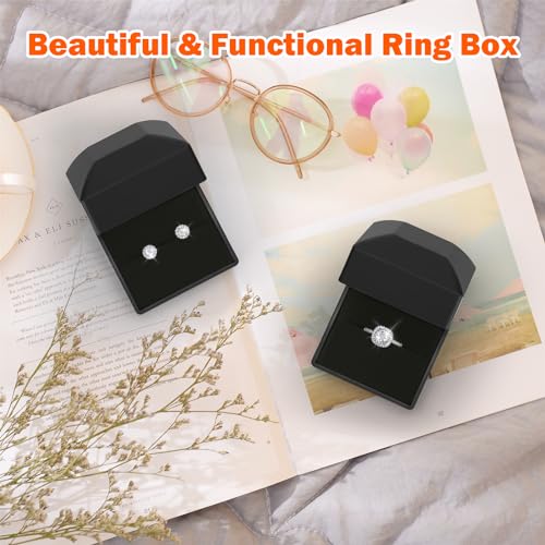 LETURE Black Velvet Ring Box with LED Light - 2 Piece Jewelry Display for Engagement & Wedding