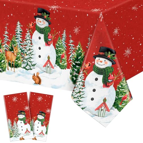 Peryiter Christmas Snowman Tablecloth Set - 2 Pieces 54x108 Inch Red Winter Table Cover