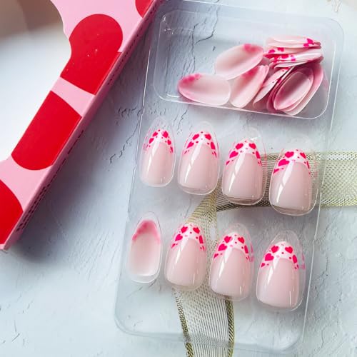 Valentine French Tip Press on Nails Short Almond Pink Heart Acrylic Kit