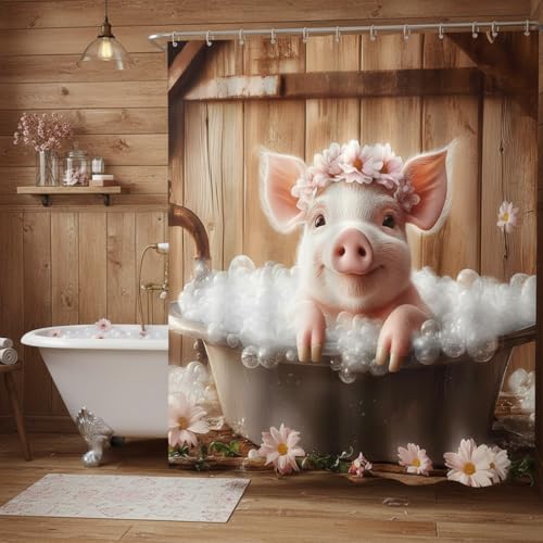Funny Pink Pig Shower Curtain, 70x70 Inches - Farmhouse Decor