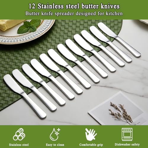 HOMQUEN Stainless Steel Butter Knife Set of 12 - Ergonomic Spreader for Kitchen & Party