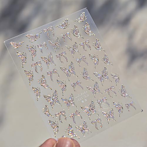 5D Embossed Butterfly Nail Stickers Self-Adhesive Aurora Pink Bow Nail Decals