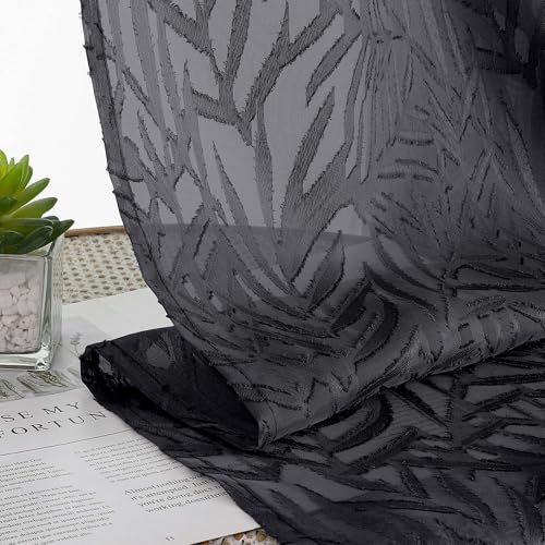 OVZME Black Leaf Jacquard Window Valances 14" Length, 2 Panels
