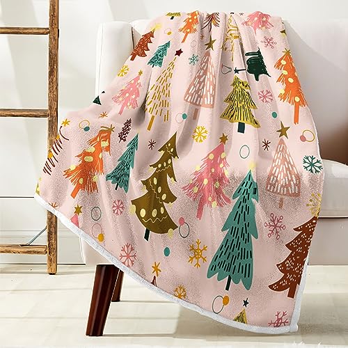 Kids Christmas Fleece Throw Blanket - Pink Cartoon Tree Holiday 50x60in - Multi3