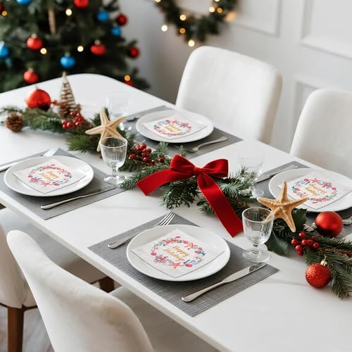 Christmas Paper Napkins 50 Pack - 3-Ply Wreath Sea Pattern Disposable Tableware