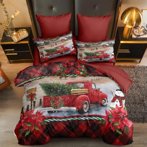 Sedefen Christmas Comforter Set Queen Red Gingham Truck Farmhouse Bedding - Variation of King