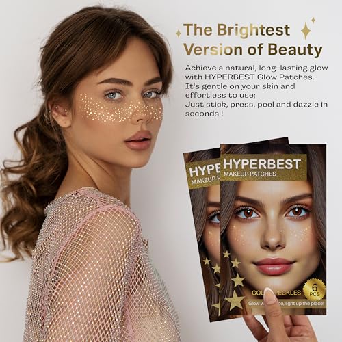HYPERBEST Gold Glitter Freckles Face Tattoo, 6 Count Star Design Festival Makeup Patches