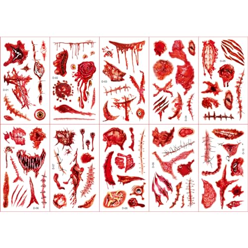 Halloween Temporary Tattoos 10 Sheets - Realistic Fake Scars & Wounds