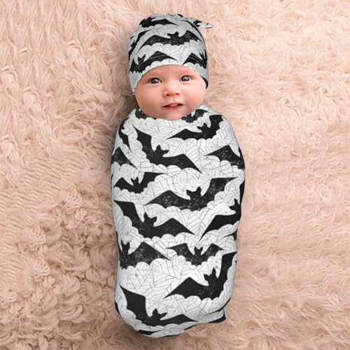 Black Bat Goth Swaddle Blanket Set with Beanie Hat for Newborns