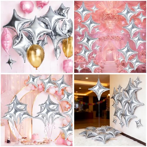 14-Pack Silver Star Foil Balloons - 26 & 10 Inch Party Decor