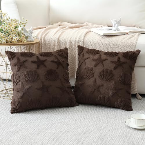 OTOSTAR Shell Starfish Throw Pillow Covers Set of 2 - 18x18 Inch Chocolate Brown