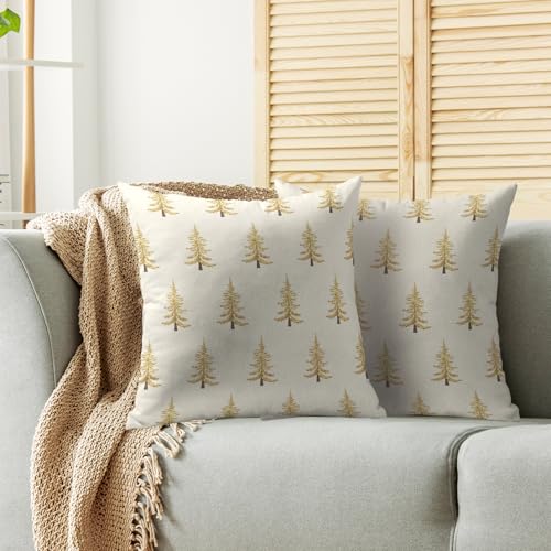 Gold Christmas Pillow Covers 18x18 (Set of 2) - Rustic Decorative Cushion Cases
