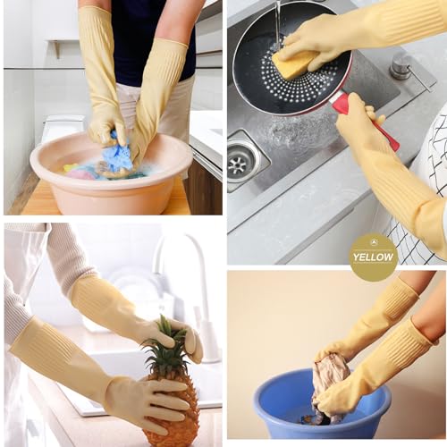 Bamllum 15" Long Rubber Dishwashing Gloves - 3 Pairs, Large (Reusable)