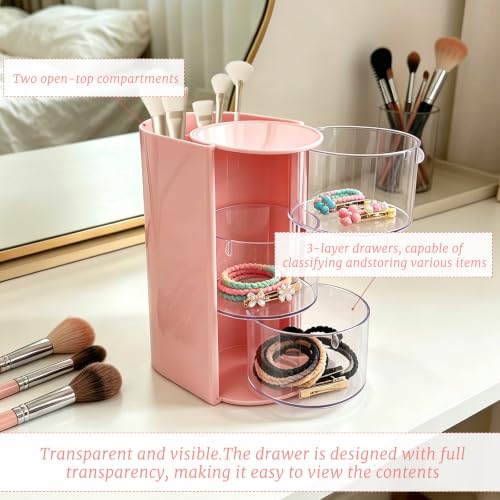 ZUFECY Pink 3-Tier Rotating Makeup Organizer with Clear Drawers & Open Top Compartments