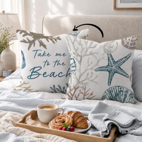 Coastal Beach Starfish & Seashell Throw Pillow Cover 18x18, Beach B Design