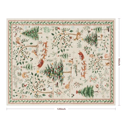 LIVEBOX 8x10 Christmas Area Rug - Neutral Beige Holiday Carpet with Reindeer and Forest Scene