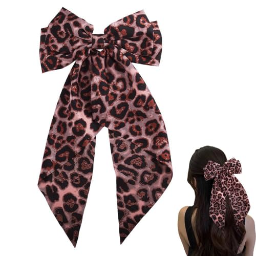 Yellow Leopard Print Satin Hair Bow Clip with Long Tail