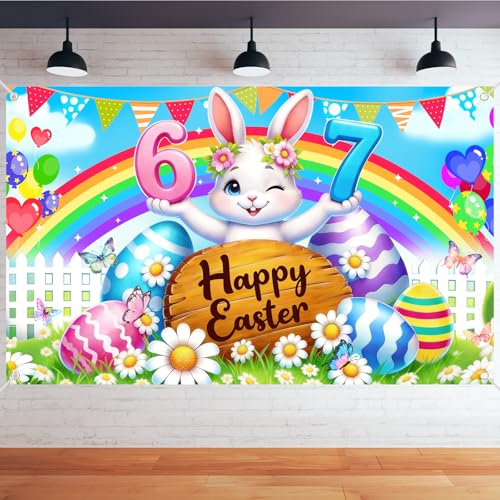 Happy Easter Bunny Backdrop Banner - 72x44in Spring Party Decor