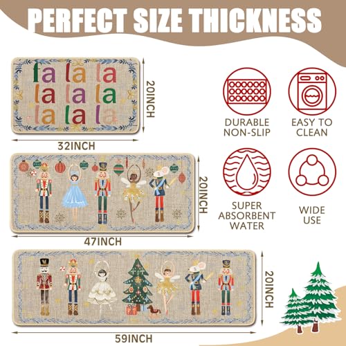 Watercolor Nutcrackers Christmas Kitchen Rugs Set - Non Slip Holiday Mats - 3 Sizes
