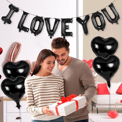 16 Inch I Love You Letter Balloons & Black Heart Balloons Set