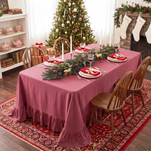 Eternal Beauty Christmas Red Striped Ruffled Tablecloth 60x120 Inches - Rectangle, Holiday Decor