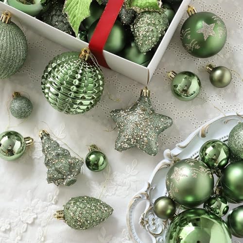 48-Pack Green Shatterproof Christmas Ornaments Set with Glitter and Holiday Decorations