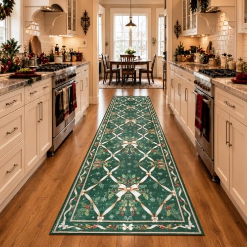 Evergreen Gold Christmas Runner Rug 2ft x 10ft Washable Non-Slip Holiday Decor