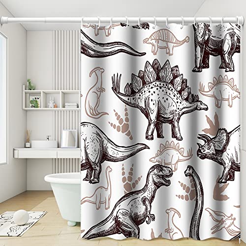 Dinosaur World Sketch Shower Curtain - Waterproof Polyester, 36x72 Inch Tan