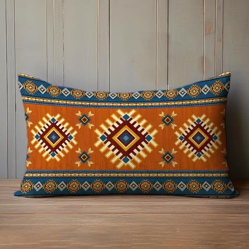 Southwest Native American Lumbar Pillow Cover, Blue Brown Geometric 12x20