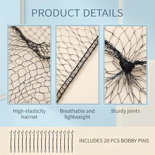 Black Hair Nets for Buns & Food Service - 50 Pcs 24 Inch Nylon Mesh with 20 Hair Pins