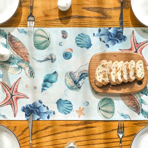Coastal Table Runner 13x72 Inches | Sea Turtle & Seahorse Design