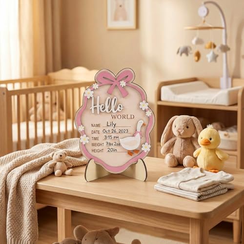 Pink Wooden Hello World Baby Announcement Sign with Stand