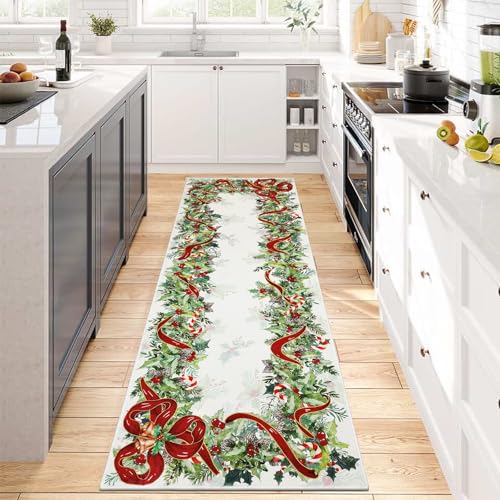 Christmas Washable Runner Rug Bell Leaves White 2x6ft - Holiday Decor
