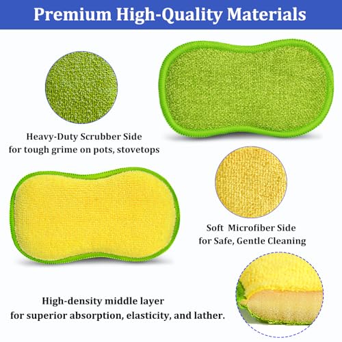 Multi-Purpose Microfiber Dish Sponges - 12 Pack Reusable Non-Scratch Scrubbers