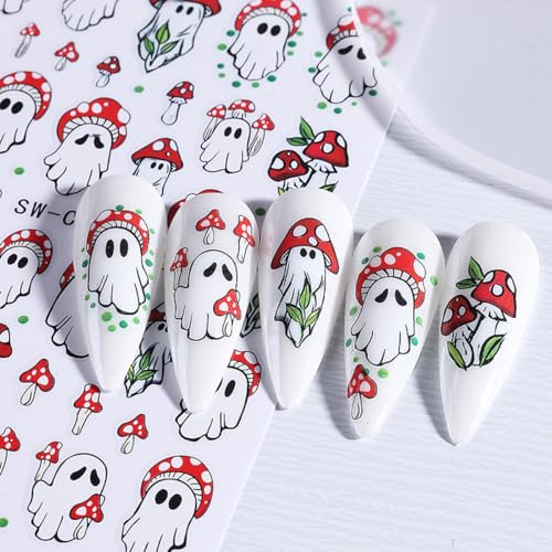 QUNQINLI 2 Sheets 3D Halloween Ghost and Mushroom Nail Art Stickers