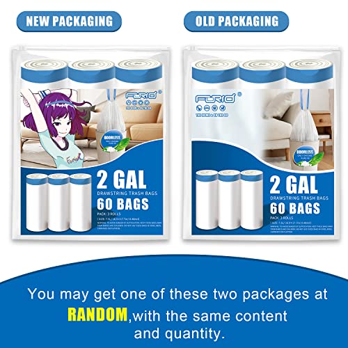 FORID 2 Gallon Small Trash Bags - 60 Count Drawstring Bathroom Liners