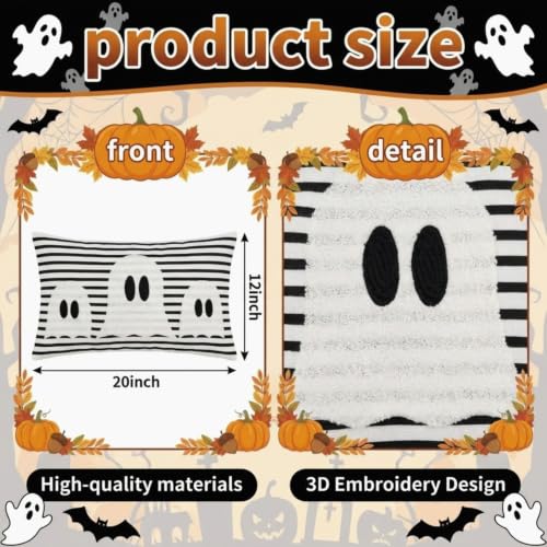 Boao Halloween Ghost Pillow Cover 12x20 Black and White Striped, Pack of 1
