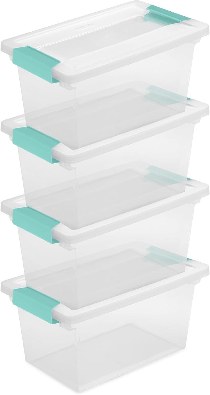 Sterilite 4-Pack Clip Box | Stackable Clear Plastic Bins with Latching Lids - Medium Storage for Crafts & Office Supplies