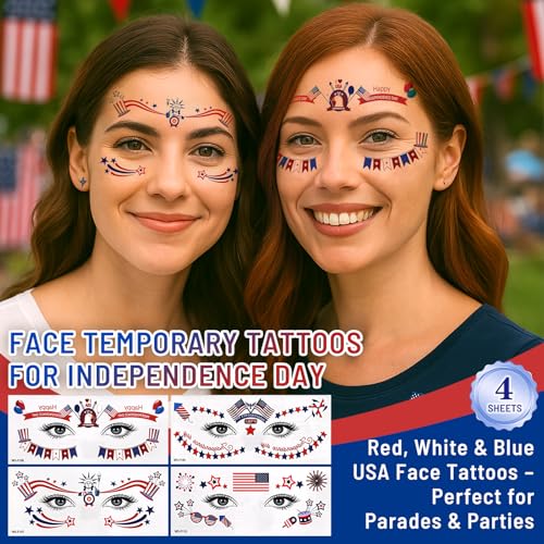 Fourth of July Temporary Tattoos - 26 Sheets Patriotic USA Stickers