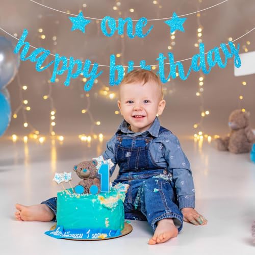 Blue Glitter 1st Birthday Banner for Baby Boy Party Decorations