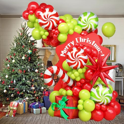 Christmas Balloon Arch Kit with Red, Lime Green & Star Variations – 130pcs Party Decor
