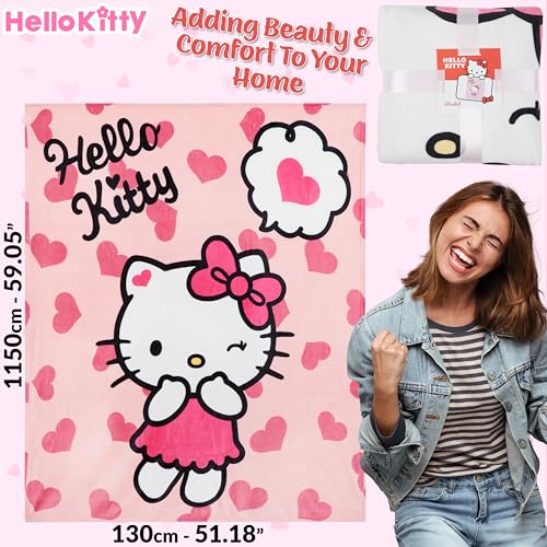 Hello Kitty Sanrio Fleece Throw Blanket, 59x51in, Cinnamoroll Soft Bedding, Bed Decor, Room Decor, Kawaii Gifts for Women (Pink Hello Kitty)