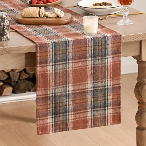 Rust Farmhouse Table Runner 13x72 Inch - Fall Plaid Home Decor, Durable Polyester