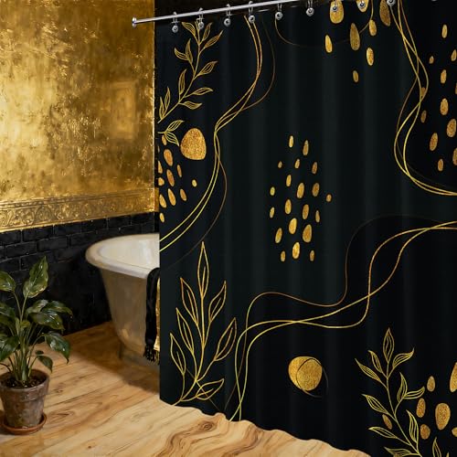 Black and Gold Waterproof Shower Curtain - Boho Mid Century Modern 70x72