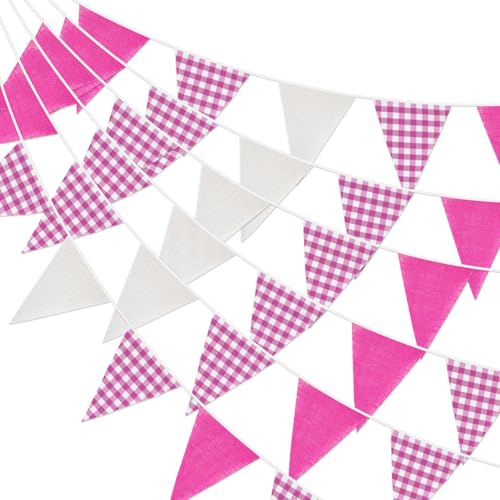 G2PLUS Pink and White Gingham Bunting Banner - 32Ft Triangle Garland