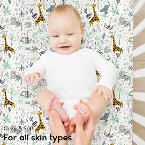 Yoofoss Pack and Play Sheets - 38x26 Fitted Mini Crib Bedding, Green & Giraffe