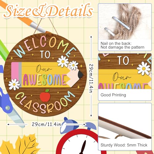 Pencil Welcome Sign - Wooden Hanging Classroom Decor with Apples & Flowers