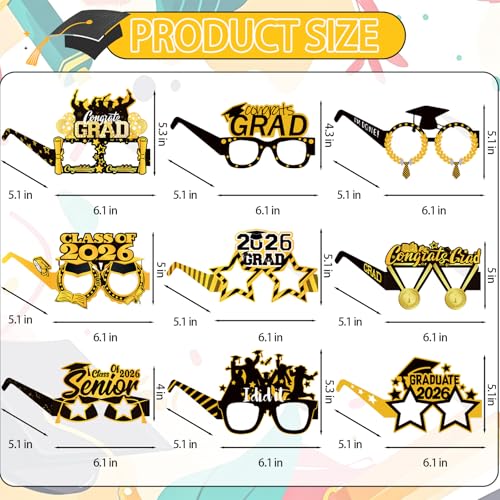 16PCS Graduation Glasses for Class of 2026 - Black & Gold Photo Props